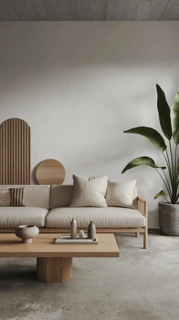 A modern minimalist Japandi space featuring a light sofa with a wooden frame and a substantial, low wooden coffee table. A large potted plant adds natural softness, while wooden arch and circle elements decorate the wall above a concrete floor.