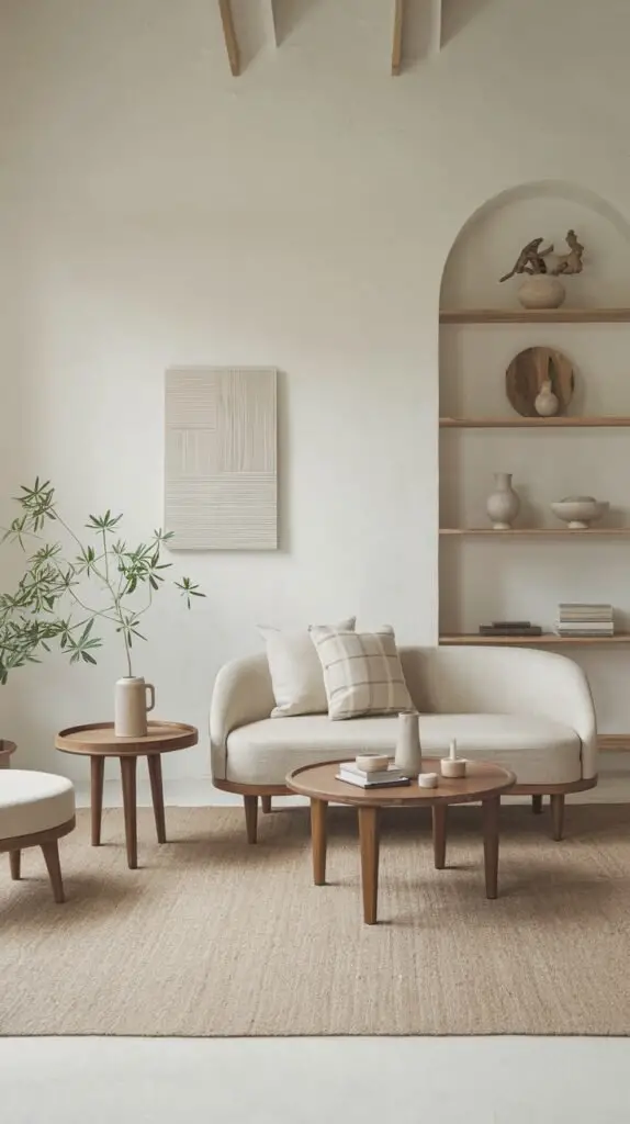 An elegant minimalist Japandi room with a light, curved sofa, complemented by two round wooden coffee tables. Built-in arched shelves display decorative items, and a subtle wall art piece hangs above a light woven rug.