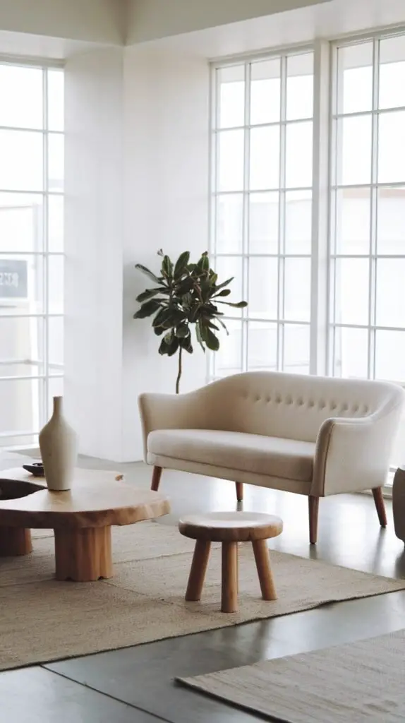 A bright and open minimalist Japandi setting with a light, curved sofa featuring a tufted back. A large, organic-shaped wooden coffee table and a small wooden stool are placed on a light rug, in front of a large grid window.