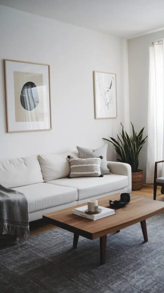 A contemporary minimalist Japandi living room with a white sofa, a dark wooden coffee table, and two framed abstract artworks on the wall. A tall snake plant in a woven basket and a grey patterned rug complete the look.
