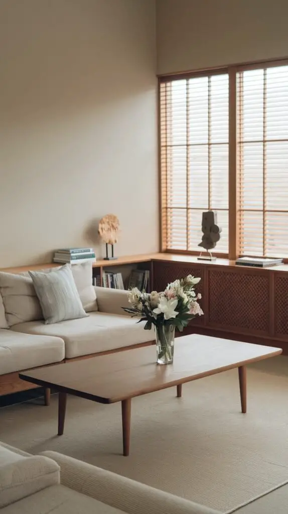 A warm minimalist Japandi space featuring a light sofa and a light wooden coffee table with fresh flowers. Wooden window blinds and a matching wooden console table with books and decor contribute to the harmonious design.