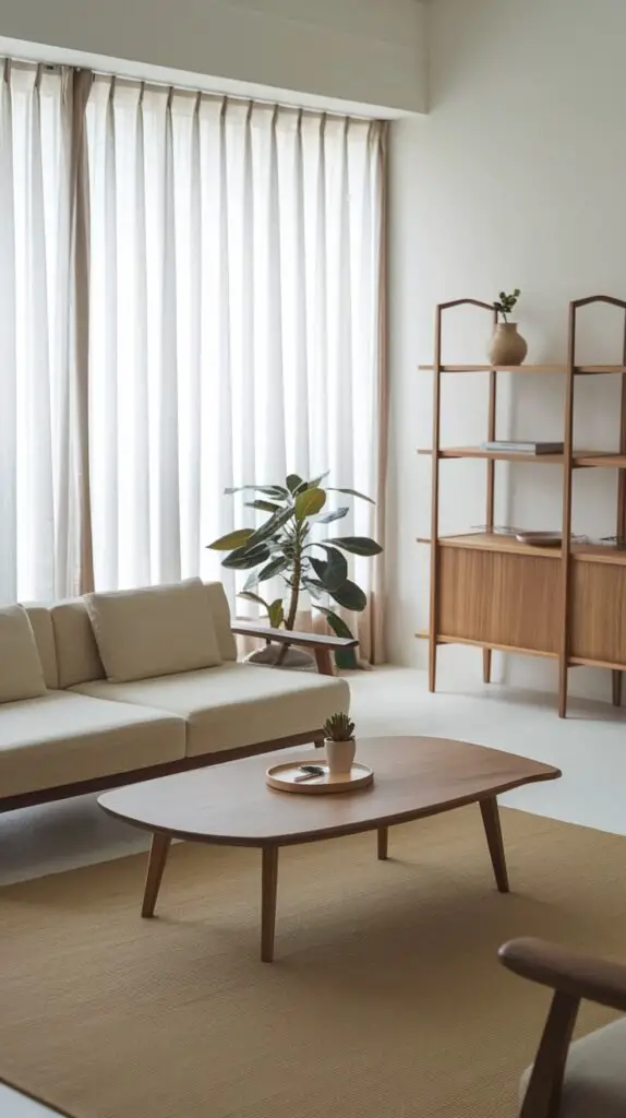 A serene minimalist Japandi interior with a light sofa on a wooden frame, a light wooden coffee table, and floor-to-ceiling sheer curtains. A large potted plant and a multi-tiered wooden shelving unit enhance the natural aesthetic.