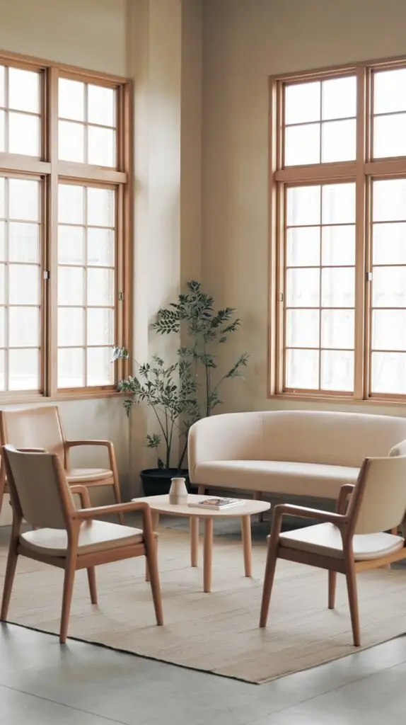 A well-lit minimalist Japandi living area featuring a light, curved sofa, a round wooden coffee table, and two light-toned armchairs. Two large grid windows with wooden frames and a potted plant brighten the space.