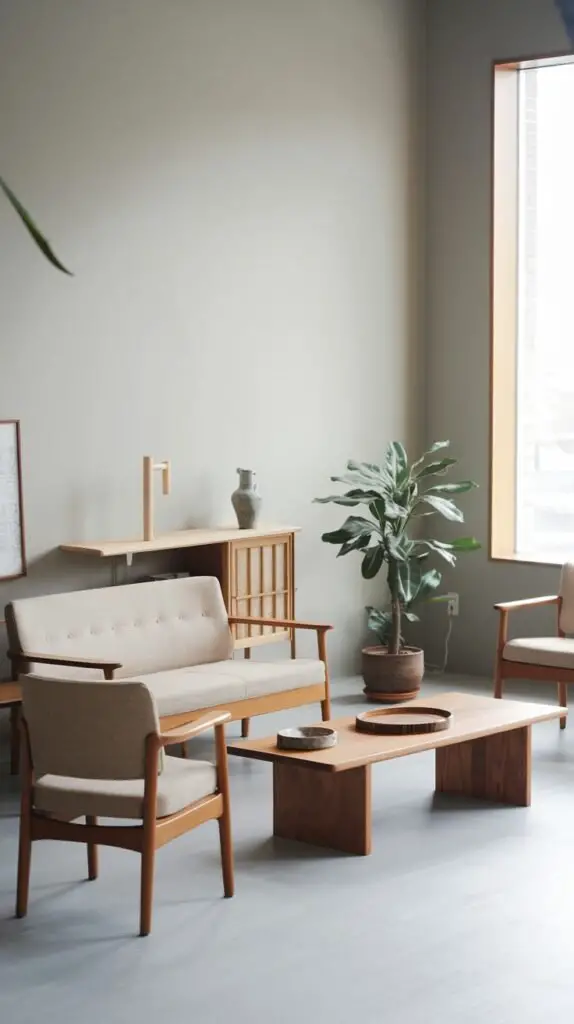 A calm minimalist Japandi setting with a light sofa featuring a wooden frame, a wooden coffee table, and additional armchairs. A tall potted plant and a wooden shelf with decorative items are visible in the background.