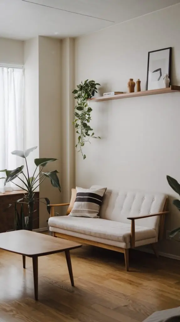 A cozy minimalist Japandi living area displaying a light sofa with a wooden frame, a simple wooden coffee table, and a floating shelf styled with decorative objects and a trailing plant. A large potted plant sits by a window with sheer curtains.