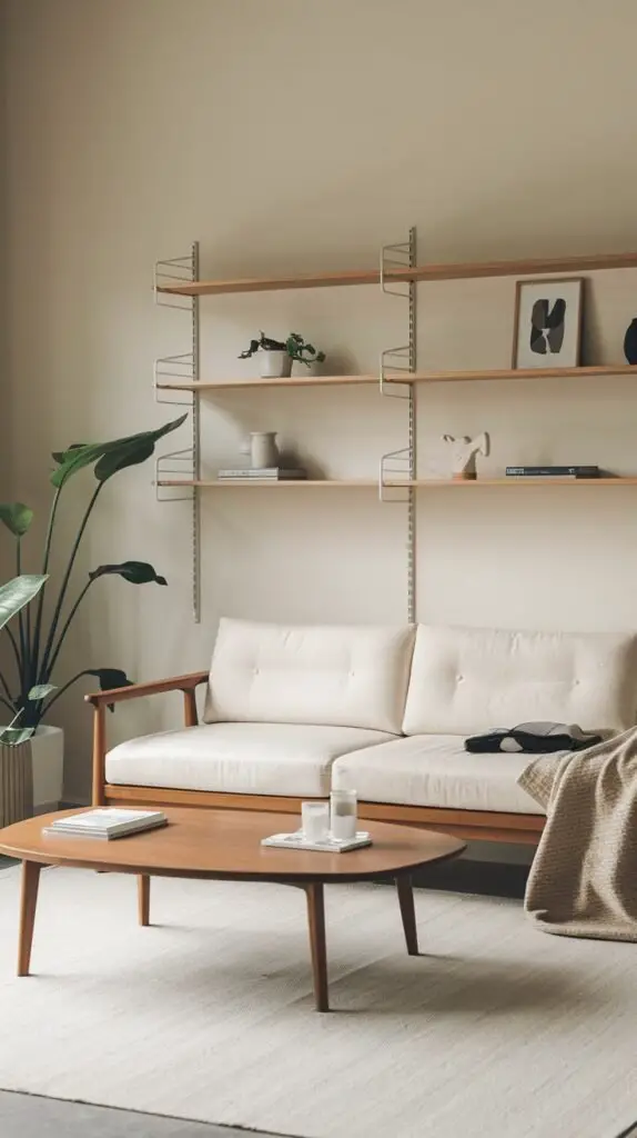 A contemporary minimalist Japandi living room with a light sofa on a wooden frame, an oval wooden coffee table, and a wall-mounted shelving unit displaying decor. A large potted plant and a light rug complete the inviting space.