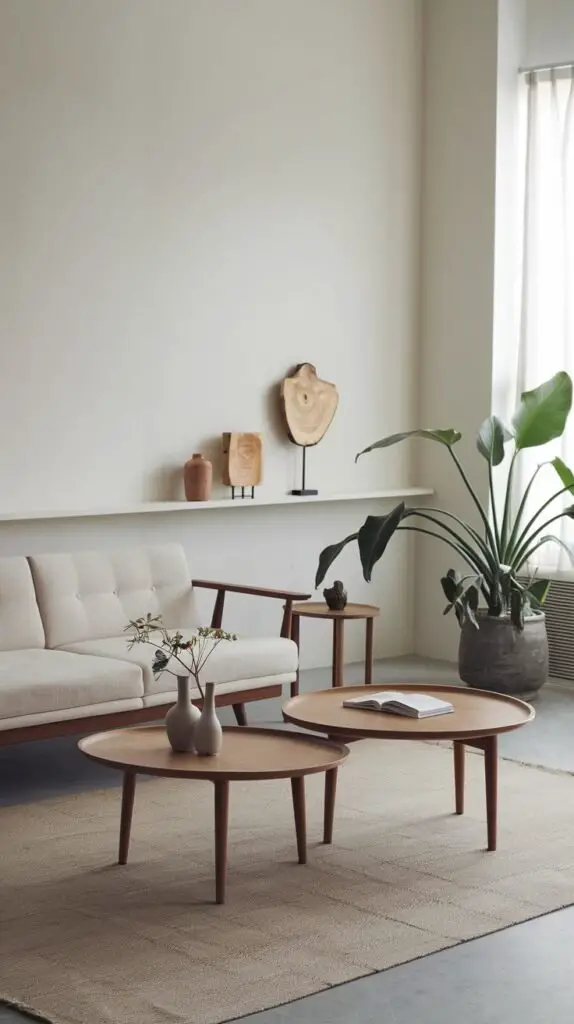 A serene minimalist Japandi interior featuring a light sofa with a tufted back, two round wooden coffee tables, and a large potted plant. A floating shelf adorned with natural decorative objects adds to the cohesive design.
