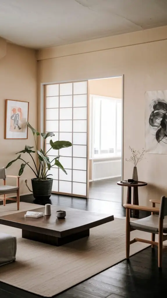 A minimalist Japandi living room featuring a large potted plant, a prominent shoji screen, and light walls. A low, dark wooden coffee table sits on a light rug, surrounded by light-toned chairs.