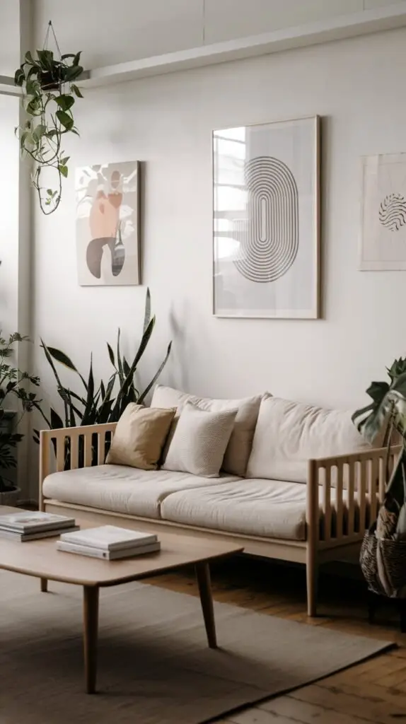 A lush minimalist Japandi living space with a light sofa featuring a wooden slat back, a light wooden coffee table, and an abundance of green plants. Abstract artworks are displayed on the light wall, over a light rug.