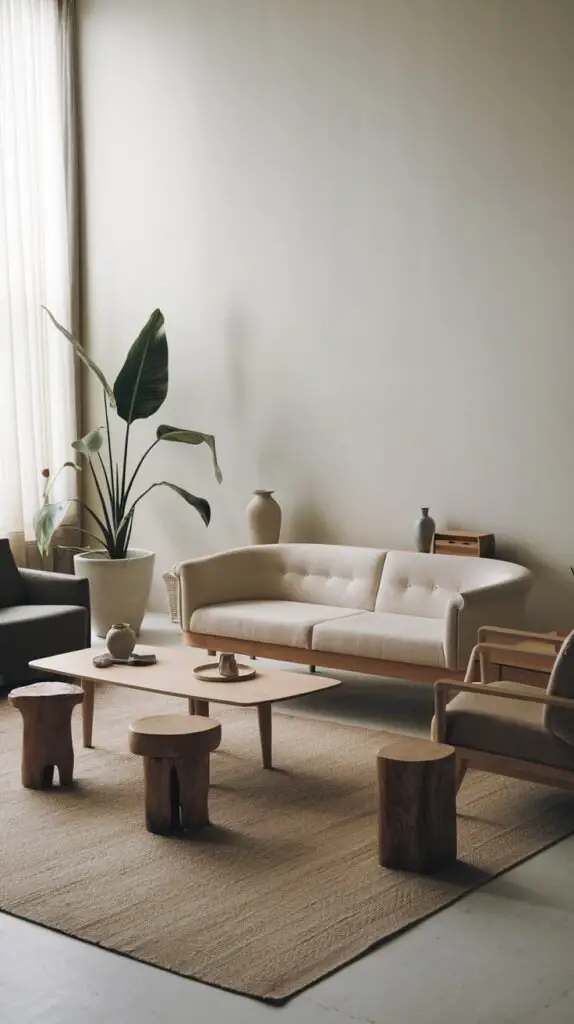 A tranquil minimalist Japandi room centered around a light, subtly curved sofa. A light wooden coffee table is accompanied by unique tree trunk stools. A large potted plant and decorative vases contribute to the natural aesthetic.