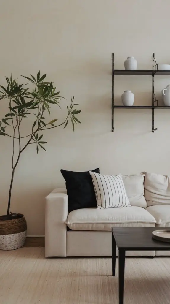 A minimalist Japandi room with a comfortable light fabric sofa accented with black and striped cushions. A slender potted tree stands next to a black wall-mounted shelving unit, with a dark coffee table in the foreground.