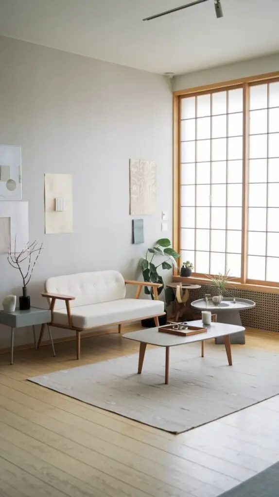 A spacious minimalist Japandi living area featuring a light sofa with a wooden frame, a white-topped wooden coffee table, and several small side tables. A large window with a shoji screen design and subtle wall art complete the scene.