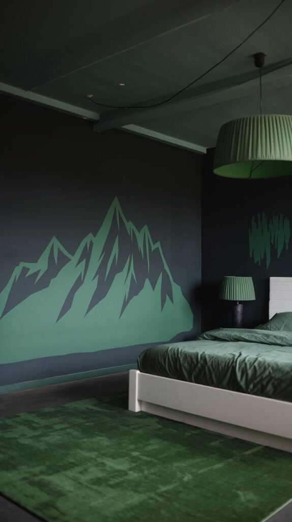 A moody green bedroom with dark walls and ceiling, featuring a minimalist green mountain mural, a white bed with green bedding, a pleated green lamp, and a matching green rug, creating a serene and modern atmosphere.