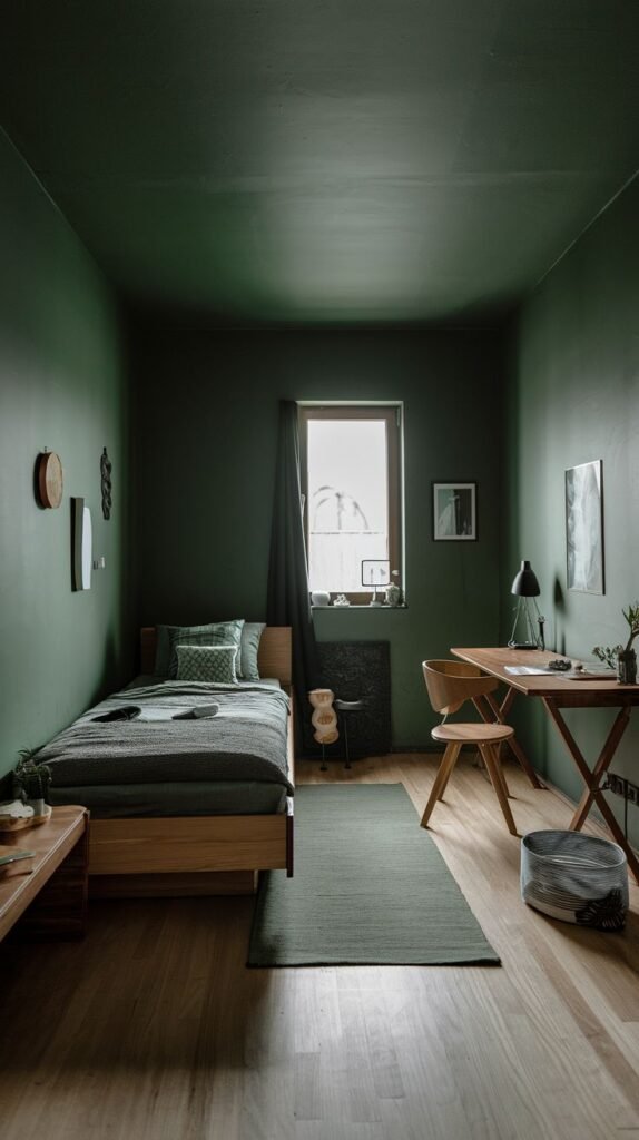 A compact and moody green bedroom with dark green walls and ceiling, a single wooden bed, a wooden desk with a chair, and a green runner rug, reflecting a practical and minimalist design.