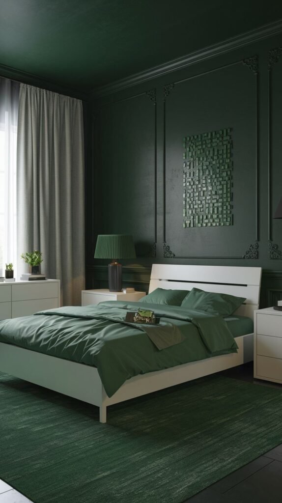An elegant moody green bedroom with ornate molding on deep green walls and ceiling, a white bed with matching green bedding, white dressers, and a green pleated table lamp, blending classic details with a minimalist approach.
