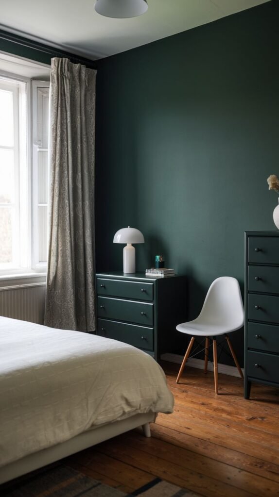 A moody green bedroom featuring dark green walls, a wooden floor, a white bed, a dark green dresser, and a white chair, maintaining a simple and minimalist aesthetic.