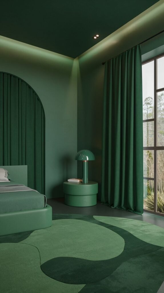 A strikingly moody green bedroom drenched in various shades of green, featuring a green upholstered bed, a unique green rug with organic shapes, and curved architectural elements, creating a cohesive and artistic minimalist space.