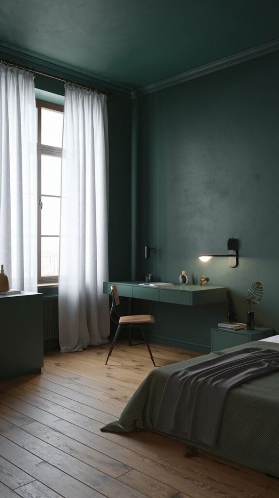 A functional moody green bedroom with deep green walls, a wooden floor, white curtains, and a floating green desk, embodying a practical and minimalist design.