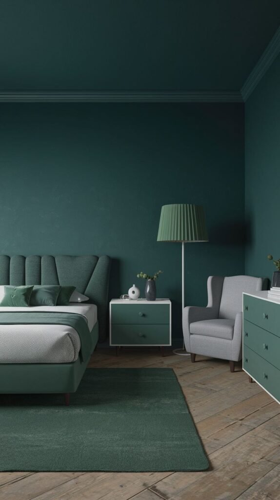 A sophisticated moody green bedroom featuring dark green walls, an upholstered green bed, white and green nightstands and dresser, a grey armchair, and a green floor lamp, presenting a chic and minimalist interior.