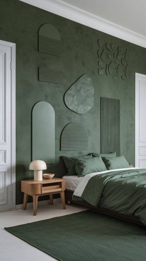 A highly artistic and moody green bedroom with a textured green accent wall adorned with abstract green sculptural elements, a wooden nightstand, and green bedding, offering a unique and minimalist design statement.