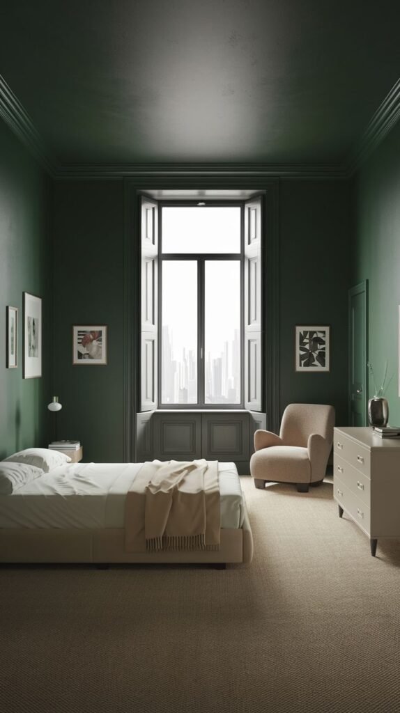 A spacious and moody green bedroom featuring deep green walls, a large window with white shutters, a light beige carpet, a beige armchair, and a white bed, maintaining a refined and minimalist style.
