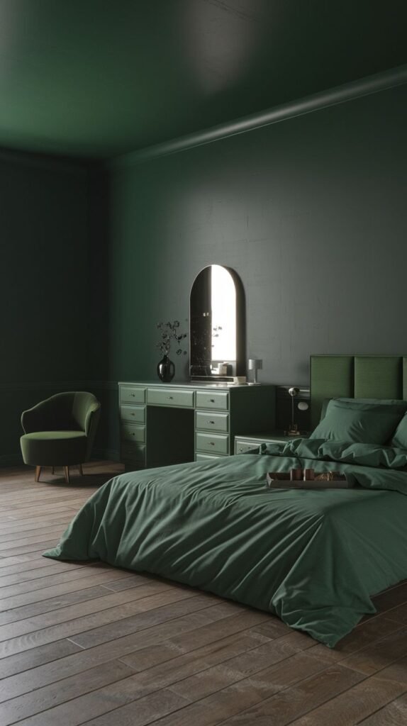 A luxurious and moody green bedroom with dark green walls, a wooden floor, a green bed with upholstered headboard, a matching green vanity with an arched mirror, and a green armchair, creating a cohesive and minimalist retreat.