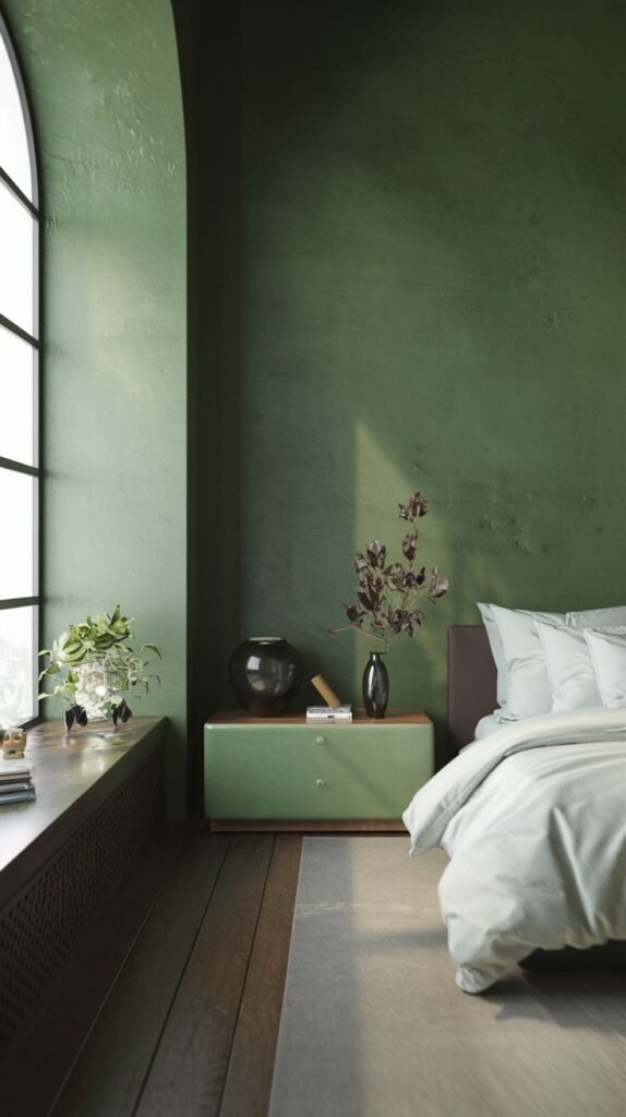 A bright and moody green bedroom featuring textured green walls, a large arched window, and a green cabinet with a dark top, with light bedding, combining natural light with a minimalist green palette.