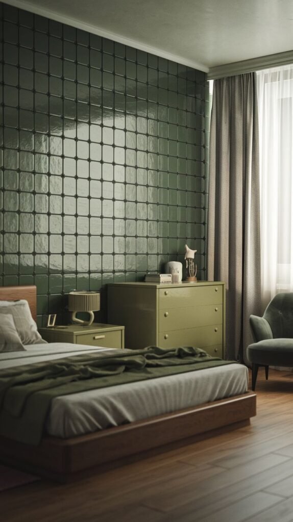 A contemporary and moody green bedroom highlighted by a unique tiled green accent wall, a green dresser, a matching green armchair, and a wooden bed, showcasing a modern and minimalist design.