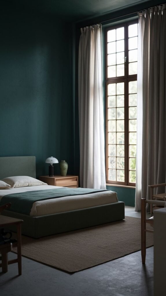 A serene and moody green bedroom with dark green walls, a large window with light curtains, a wooden bed, and a beige rug, creating a calm and minimalist ambiance.
