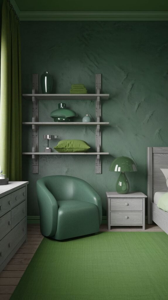 A subtly textured moody green bedroom featuring green textured walls, a green upholstered armchair, wooden shelves displaying green vases, and a bed with light green bedding, embodying a natural and minimalist design.