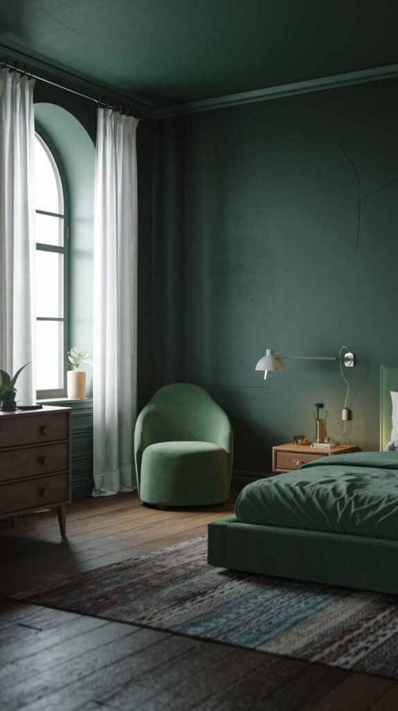 An inviting and moody green bedroom with deep green walls, an arched window with white curtains, a green armchair, a green bed, and a patterned rug, combining comfort with a minimalist yet rich aesthetic.