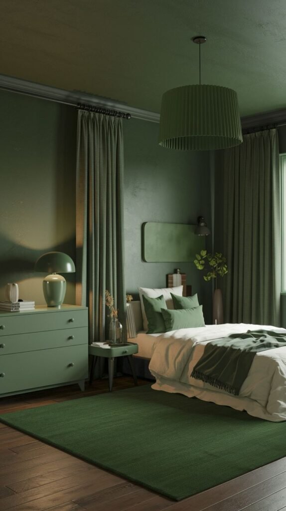 A deeply moody green bedroom showcasing rich green walls, ceiling, and curtains, a white bed with green bedding, a green dresser, and a matching green table lamp, establishing a sophisticated and minimalist aesthetic.