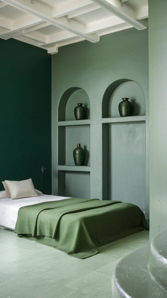 A minimalist green bedroom featuring two tones of green walls with arched alcoves displaying green vases, a white bed with a green blanket, and a light green floor, creating a quiet and moody ambiance.