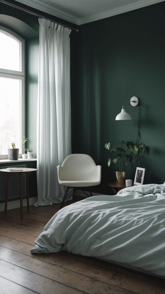 A moody green bedroom with deep green walls and a wooden floor, complemented by a white bed, white curtains, a white chair, and a large plant, maintaining a clean and minimalist design.