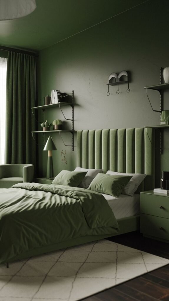 A plush moody green bedroom featuring an upholstered green headboard, matching green walls and ceiling, green bedding, and a small green armchair, grounded by a patterned white rug, embodying a luxurious yet minimalist feel.