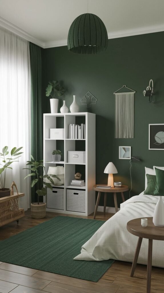 A moody green bedroom with rich green walls, white shelving units, white curtains, a textured green rug on a wooden floor, and wooden bedside tables, presenting a clean and minimalist design.