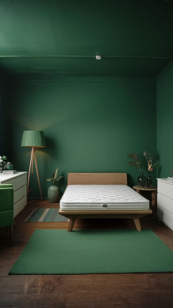 A vibrant yet moody green bedroom with bright green walls and ceiling, a natural wood bed frame, a prominent green rug, and a large pleated green floor lamp, contributing to a spacious and minimalist feel.