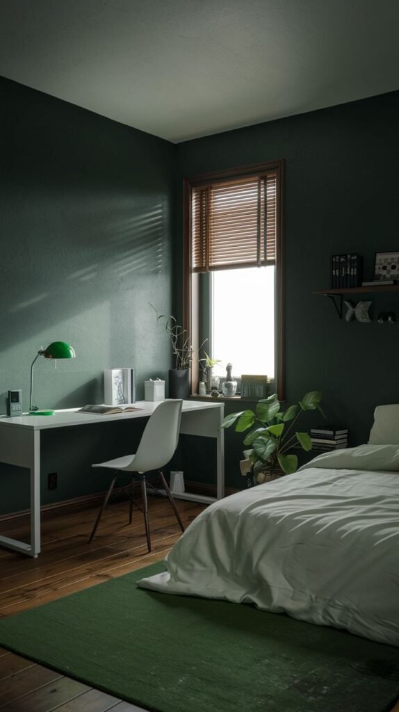 A moody green bedroom featuring dark green walls, a wooden floor, a white desk with a bright green lamp, and a large window with wooden blinds, showcasing a functional and minimalist workspace within the room.