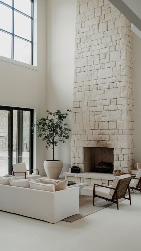 A grand, tall stone fireplace made of light, cut stone blocks, stretching up to a high ceiling in a spacious living room. The large windows and glass doors allow ample natural light, enhancing the expansive and minimalist design of the space. The room is furnished with modern, light-colored pieces.