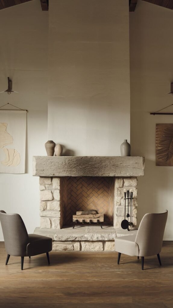 A light-toned stone fireplace with a rugged, rustic wooden mantel in a room with warm wooden floors. The firebox features a simple brick pattern. The furniture, including two upholstered armchairs, is arranged to highlight the fireplace as a central, minimalist feature.