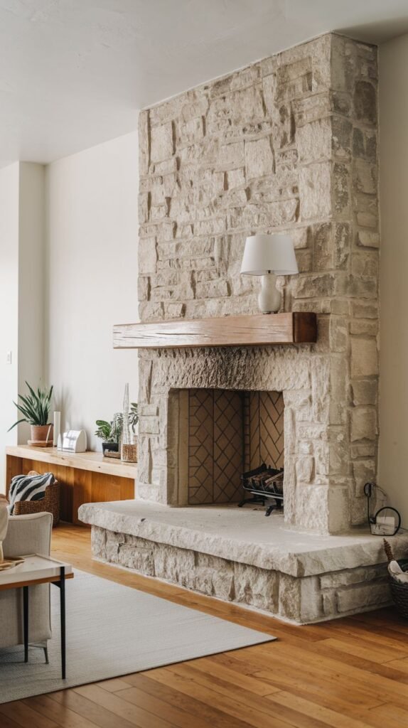 A light stone fireplace with a wooden mantel providing a subtle contrast. The firebox interior has a herringbone brick pattern, and the large stone hearth extends along the wall, incorporating a built-in wooden bench. The overall styling of the room is minimalist and organized.