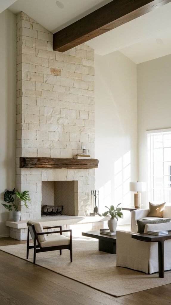 A grand, tall stone fireplace constructed from light, rectangular stones, reaching up towards the ceiling with visible dark wooden beams. A rustic wooden mantel rests above the herringbone-patterned firebox. The spacious room, with its light furniture and large windows, has a prominent and minimalist stone fireplace focal point.