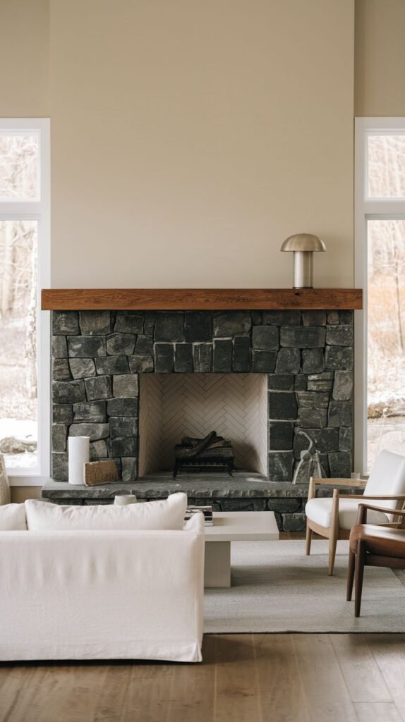 A living room featuring a dark stone fireplace with a rich wooden mantel. The firebox is lined with a light herringbone pattern, creating a subtle contrast. Large windows flank the fireplace, and the room's light furniture and walls contribute to a modern and minimalist aesthetic.