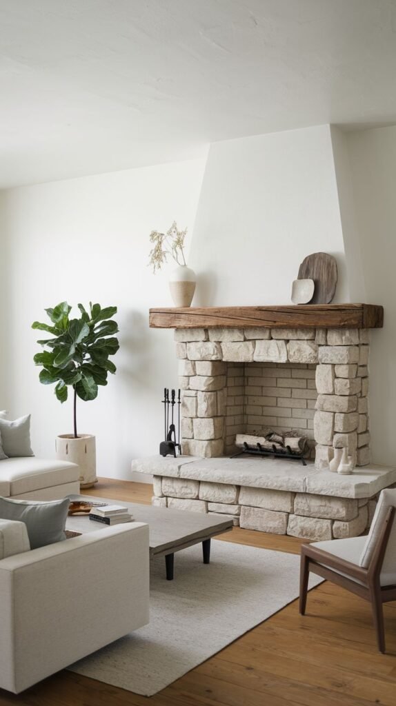A light stone fireplace with a distressed wooden mantel, serving as a warm focal point in a bright living space. The firebox opening is arched, and the hearth consists of large, smooth stones. The decor on the mantel is minimalist, featuring simple vases and a wooden plate.