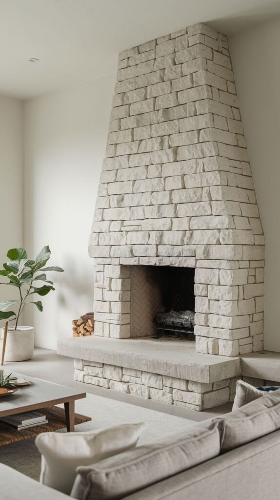 A striking light-toned stone fireplace with a tall, tapered chimney design, dominating a bright living room. The firebox has a herringbone brick interior, and the hearth is a wide, elevated stone slab. The room's sparse furniture and light color palette contribute to a distinctively minimalist feel.