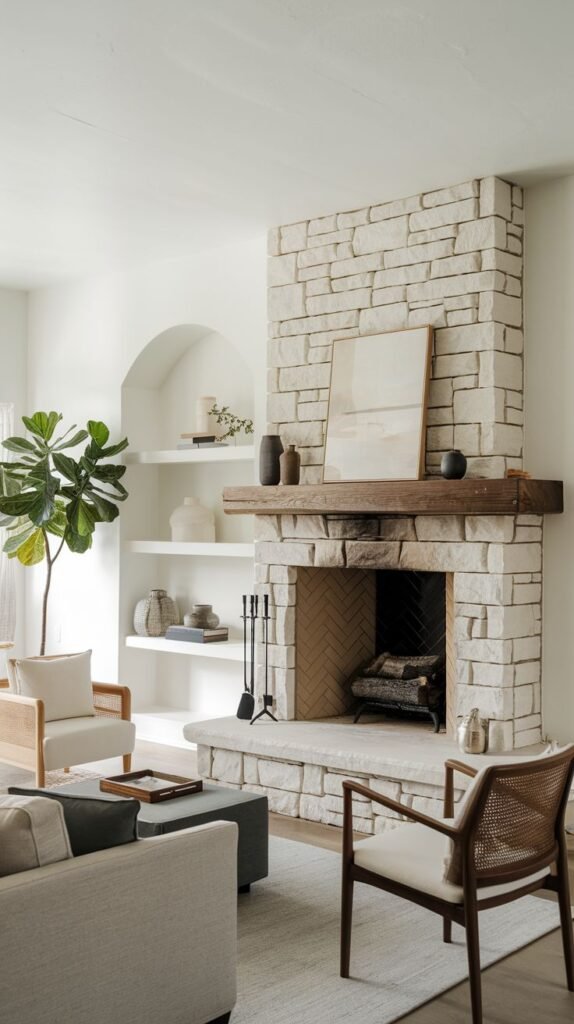A light-toned stone fireplace with a prominent wooden mantel serving as a focal point in a bright living space. The firebox interior features a herringbone brick pattern. The surrounding decor, including built-in shelving with simple vases and a large fiddle leaf fig plant, contributes to a refined, minimalist aesthetic.