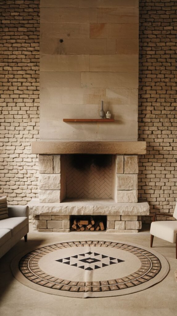 A light-colored stone fireplace with a substantial stone mantel and a simple wooden shelf above it, set against a background of textured brick walls. The firebox features a herringbone pattern, and a lower opening provides space for firewood. The room includes a distinctive round rug with geometric patterns, yet the fireplace design itself remains minimalist and clean.
