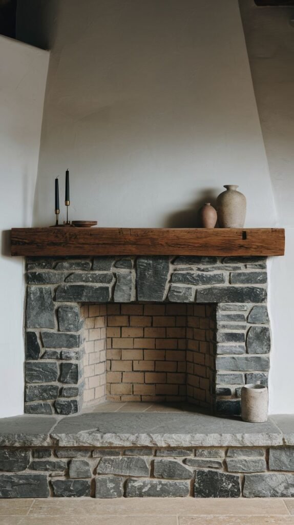 A minimalist stone fireplace featuring dark, rugged stones for its hearth and surround, topped with a dark wooden mantel where two black candlesticks and small vases are simply arranged. The firebox has a light brick interior.