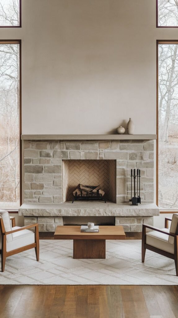 A bright, open living space with a light-colored stone fireplace serving as a central focal point. The minimalist design includes a flat stone mantel and a herringbone brick pattern inside the firebox. Large windows flank the fireplace, and the room contains simple, modern furniture, including two upholstered chairs and a wooden coffee table.