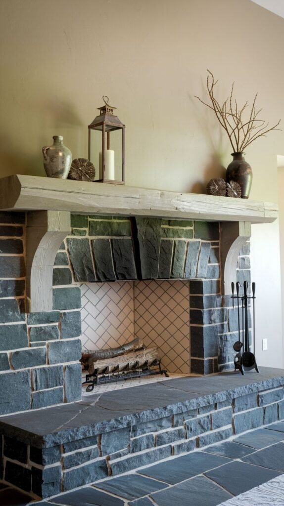A detailed view of a dark stone fireplace with a light, ornate wooden mantel supported by curved corbels. The firebox features a white herringbone tile pattern, and fireplace tools stand to the right, contributing to a clean, minimalist aesthetic.